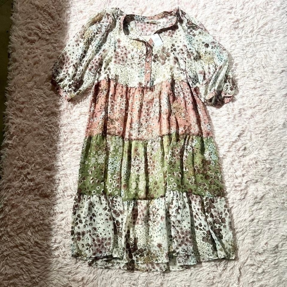 Boho Whimsical Floral Tiered Hippie Indie Flowy Sheer Layered Dress Womens L